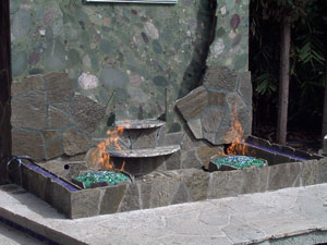 custom fireglass waterfall with fire feature