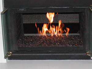 fireplace with bronze fireglass