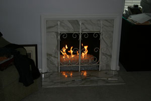 custom fireplace with glass stones